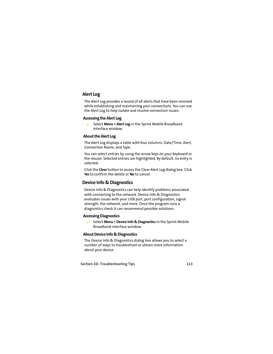 Alert log, Accessing the alert log, About the alert log | Device info & diagnostics, Accessing diagnostics, About device info & diagnostics | Sprint Nextel U727 User Manual | Page 121 / 183