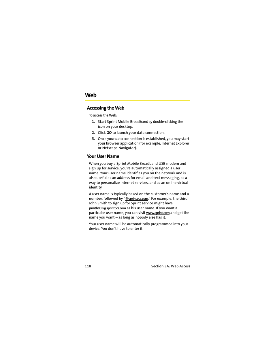 Accessing the web, Your user name | Sprint Nextel U727 User Manual | Page 126 / 183