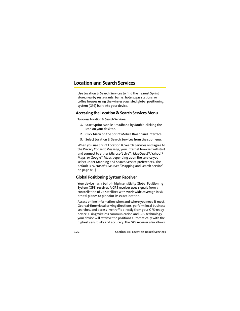 Location and search services, Accessing the location & search services menu, Global positioning system receiver | Sprint Nextel U727 User Manual | Page 130 / 183