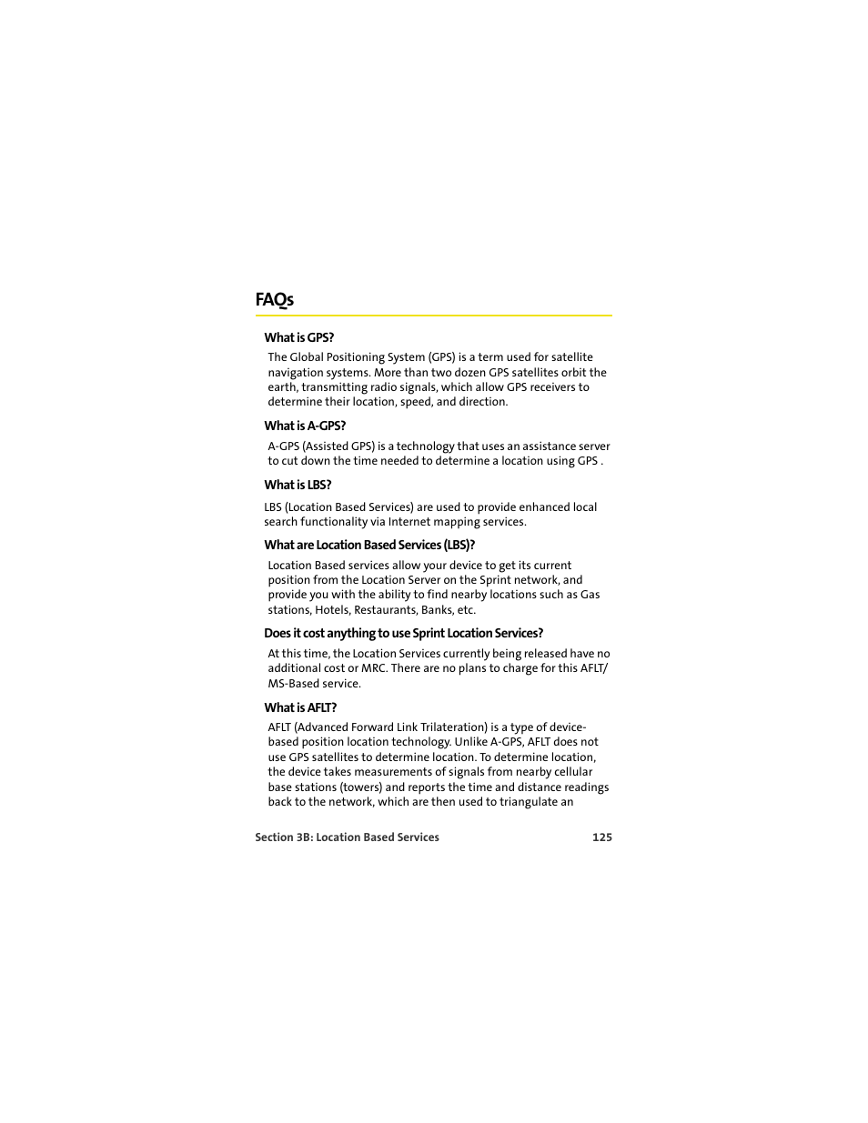 Faqs, What is gps, What is a-gps | What is lbs, What are location based services (lbs), What is aflt | Sprint Nextel U727 User Manual | Page 133 / 183