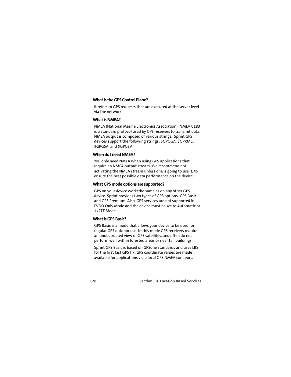 What is the gps control plane, What is nmea, When do i need nmea | What gps mode options are supported, What is gps basic | Sprint Nextel U727 User Manual | Page 136 / 183