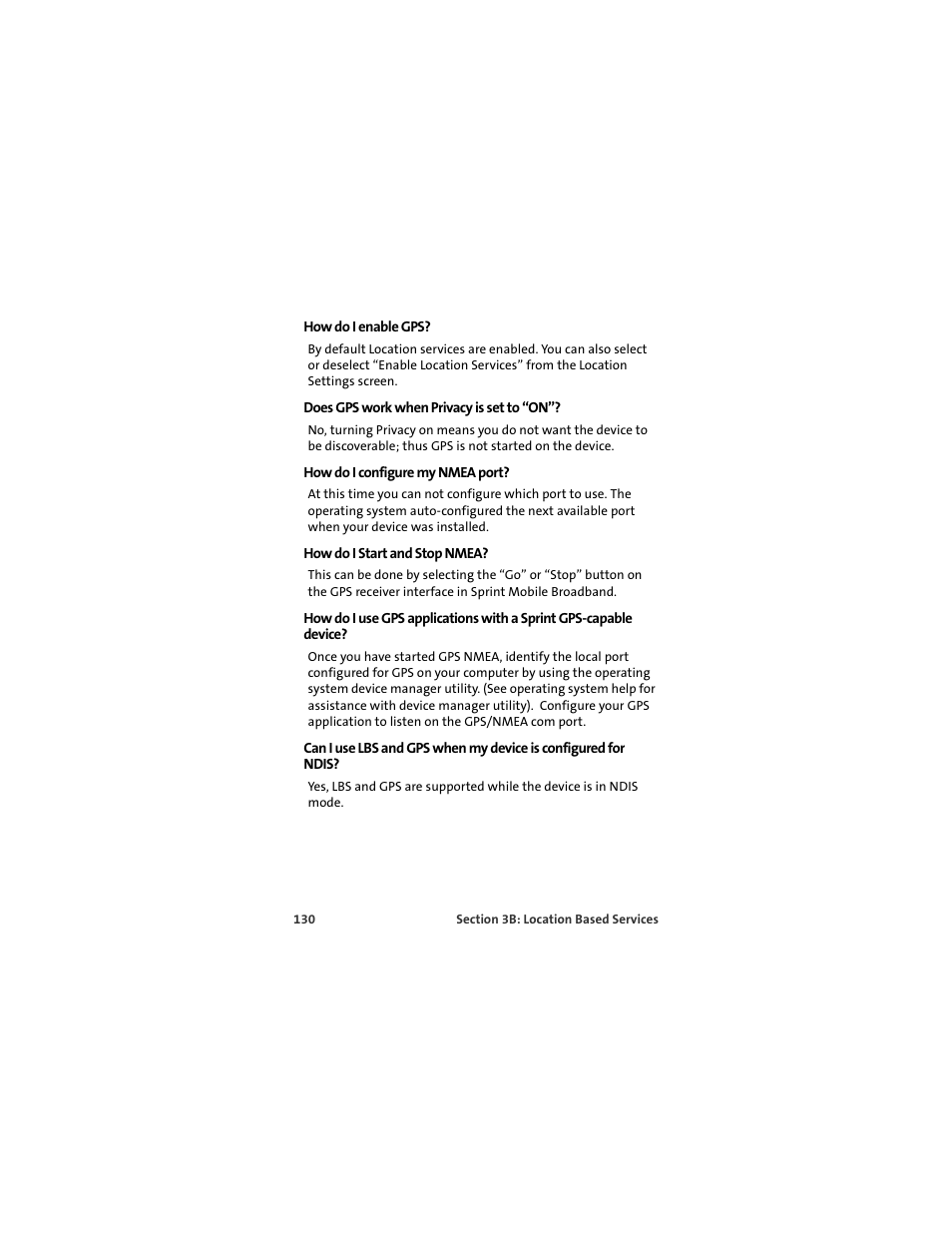 How do i enable gps, Does gps work when privacy is set to “on, How do i configure my nmea port | How do i start and stop nmea | Sprint Nextel U727 User Manual | Page 138 / 183