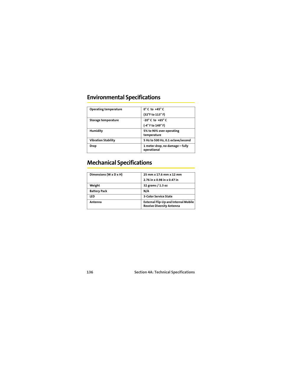 Environmental specifications, Mechanical specifications | Sprint Nextel U727 User Manual | Page 144 / 183