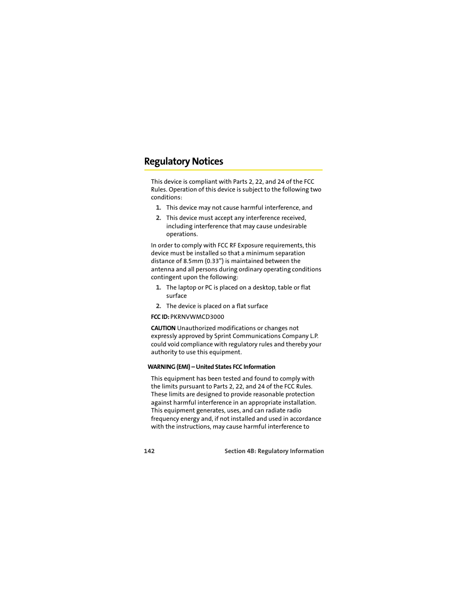 Regulatory notices, Warning (emi) - united states fcc information | Sprint Nextel U727 User Manual | Page 150 / 183