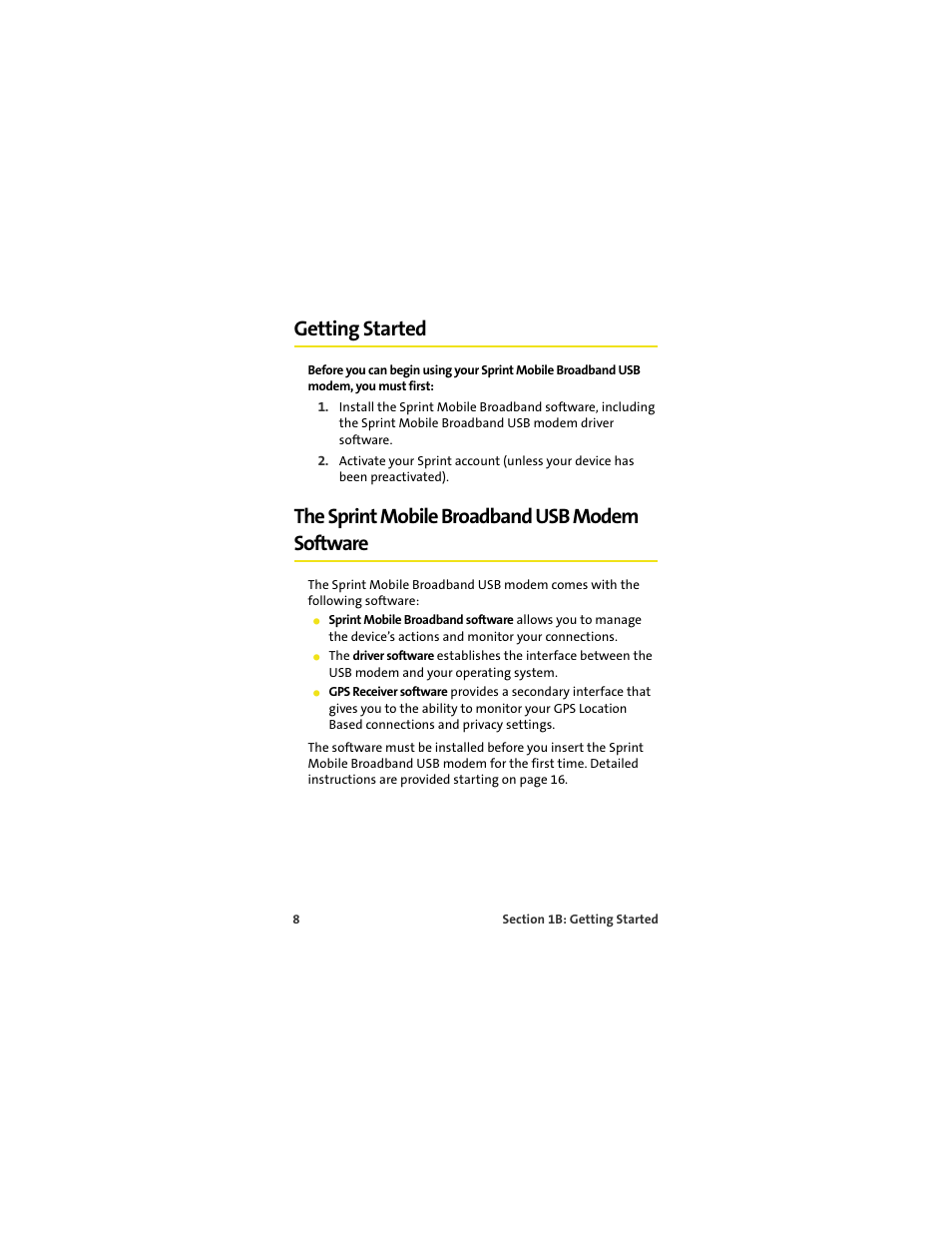 Getting started, The sprint mobile broadband usb modem software | Sprint Nextel U727 User Manual | Page 16 / 183