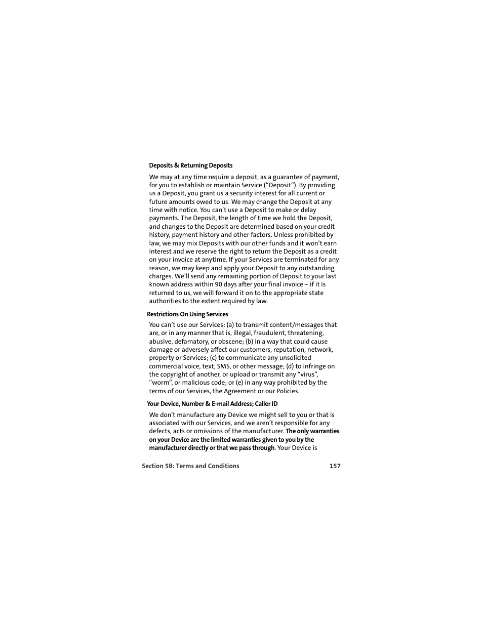 Restrictions on using services, Your device, number & e-mail address; caller id | Sprint Nextel U727 User Manual | Page 165 / 183