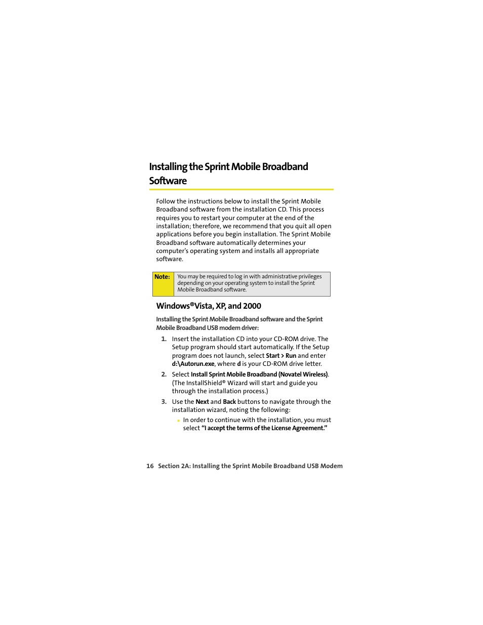 Installing the sprint mobile broadband software, Windows®vista, xp, and 2000 | Sprint Nextel U727 User Manual | Page 24 / 183