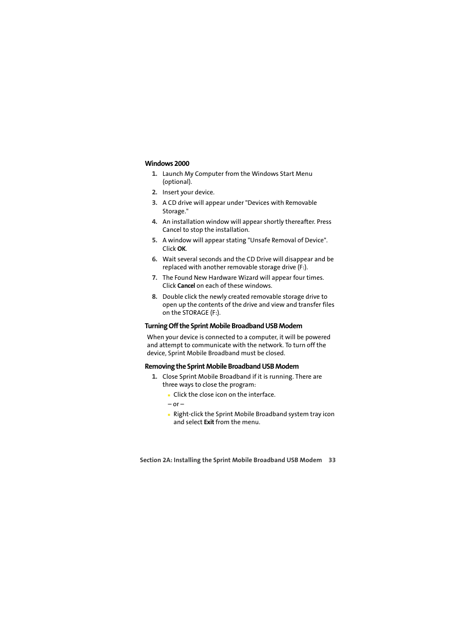 Windows 2000, Turning off the sprint mobile broadband usb modem, Removing the sprint mobile broadband usb modem | Sprint Nextel U727 User Manual | Page 41 / 183