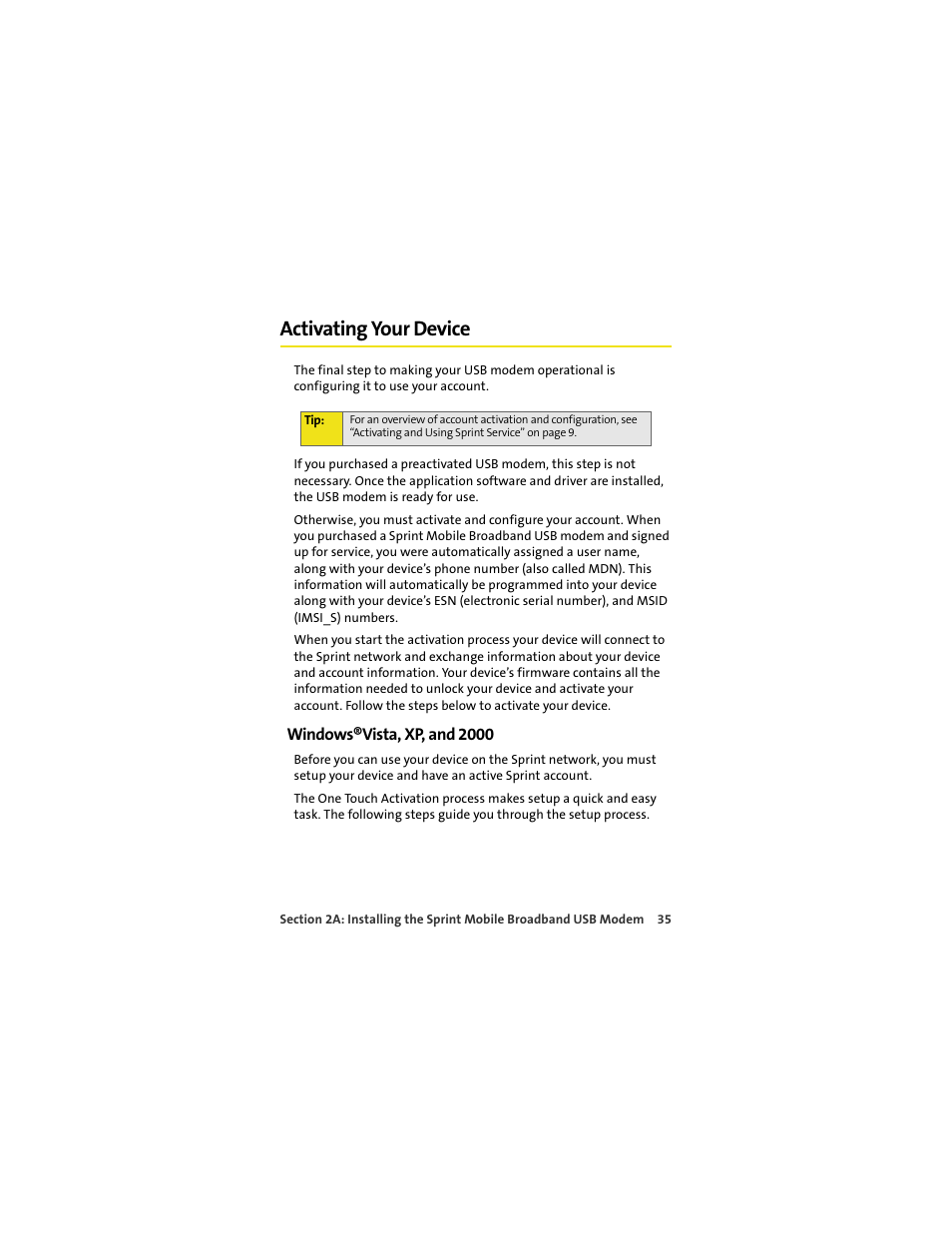 Activating your device, Windows®vista, xp, and 2000 | Sprint Nextel U727 User Manual | Page 43 / 183