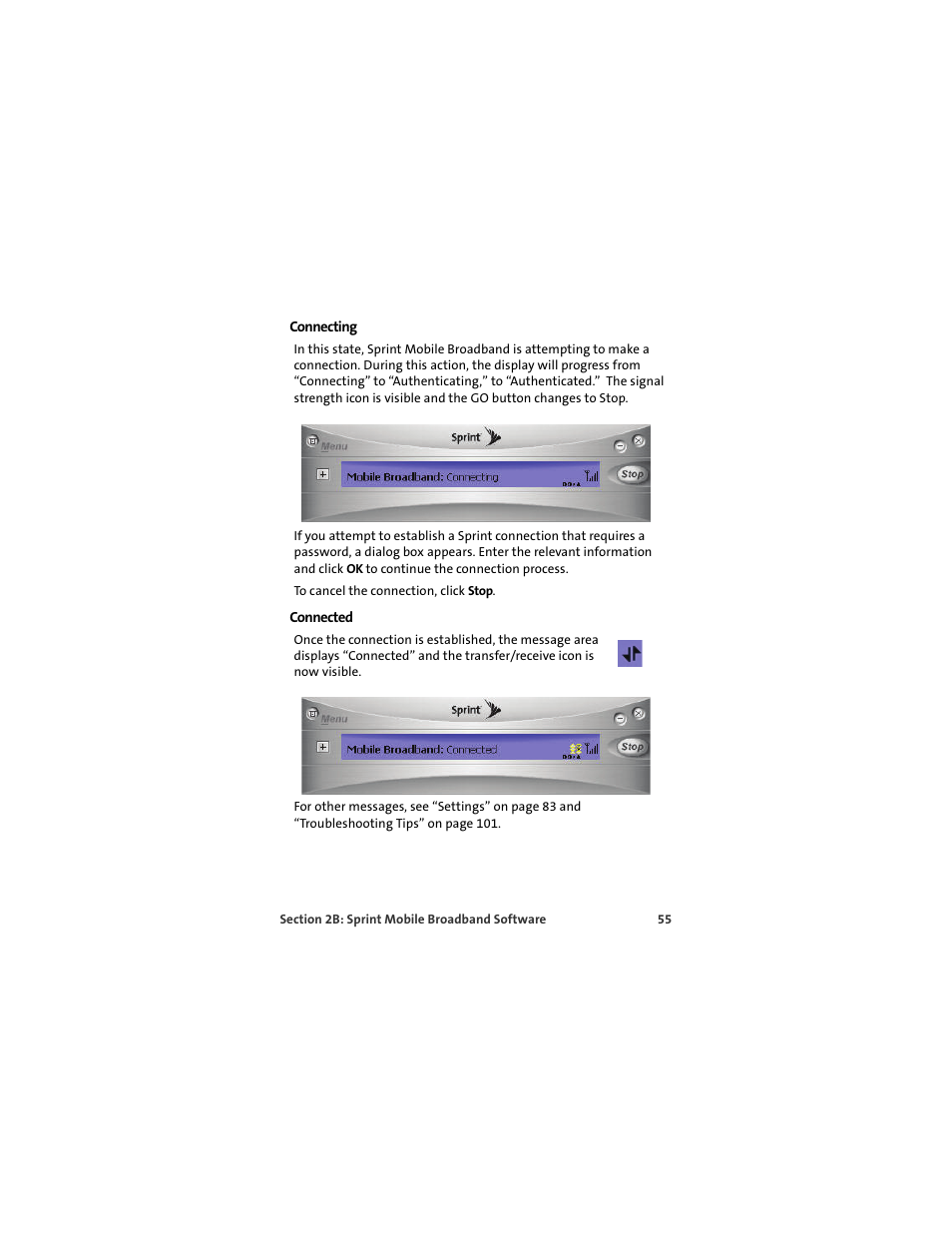 Connecting, Connected | Sprint Nextel U727 User Manual | Page 63 / 183