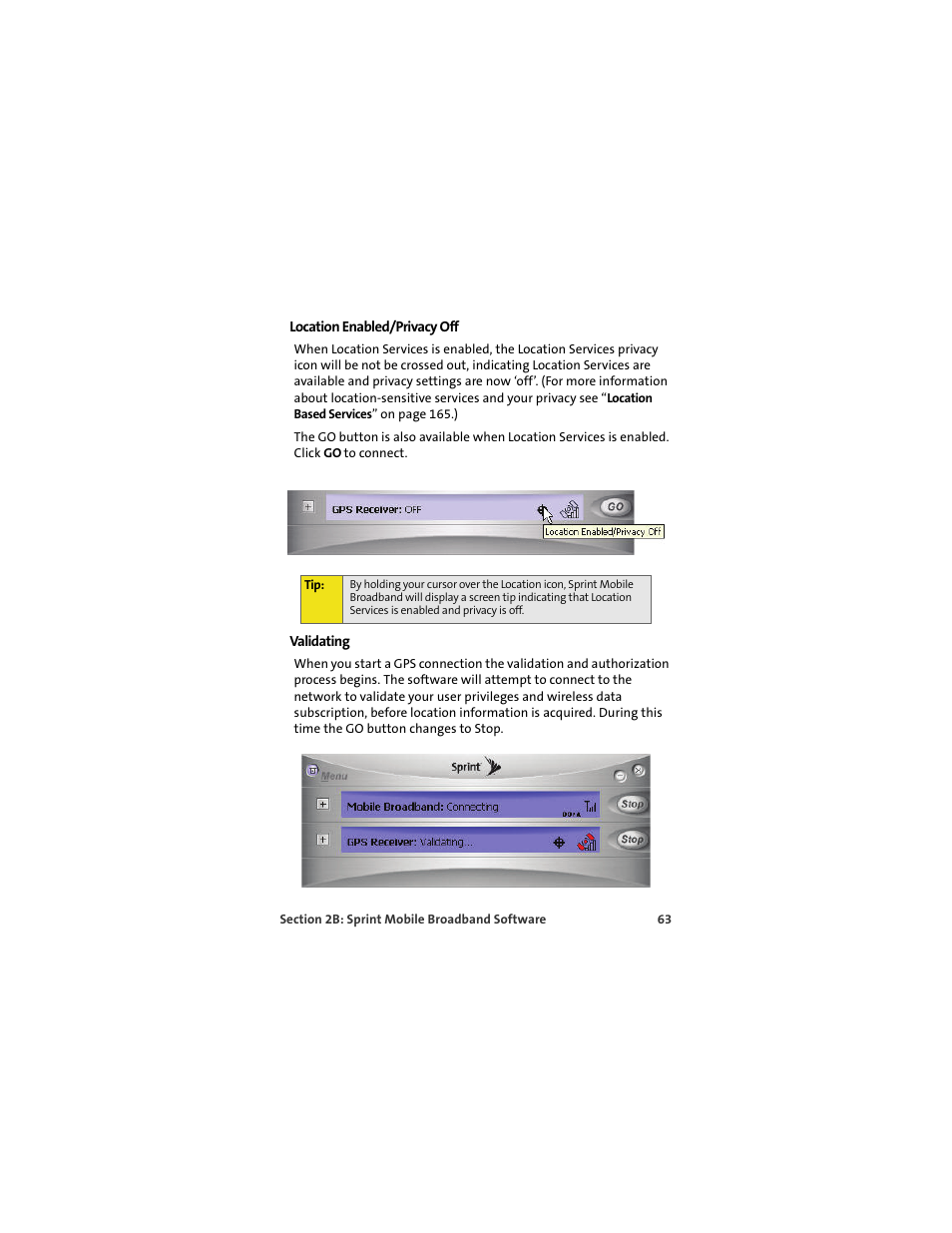 Location enabled/privacy off, Validating | Sprint Nextel U727 User Manual | Page 71 / 183