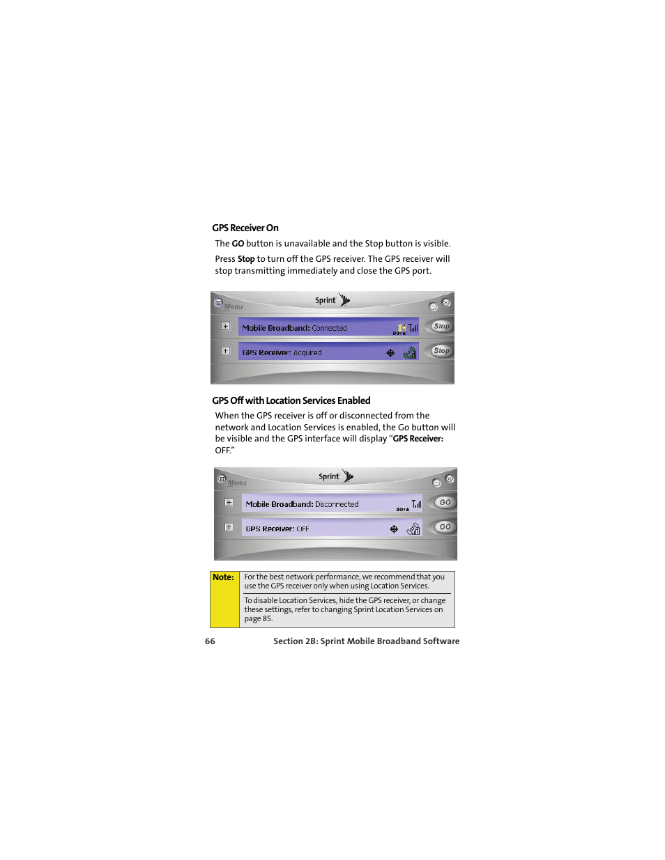 Gps receiver on, Gps off with location services enabled | Sprint Nextel U727 User Manual | Page 74 / 183