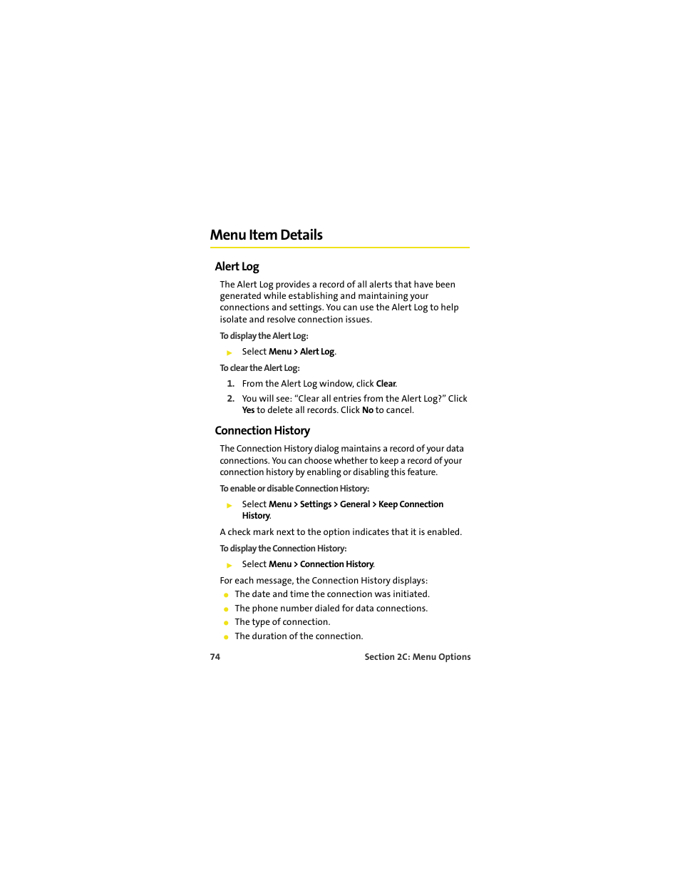 Menu item details, Alert log, Connection history | Sprint Nextel U727 User Manual | Page 82 / 183