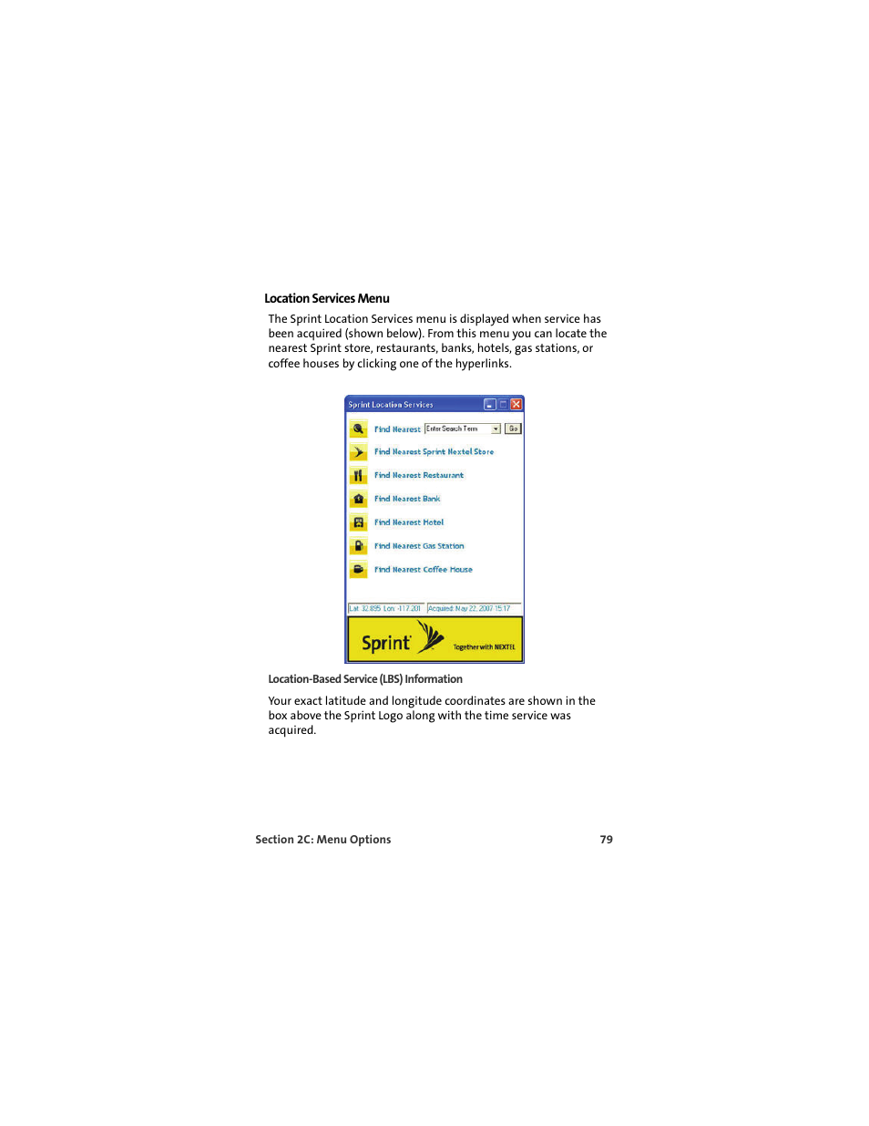 Location services menu | Sprint Nextel U727 User Manual | Page 87 / 183