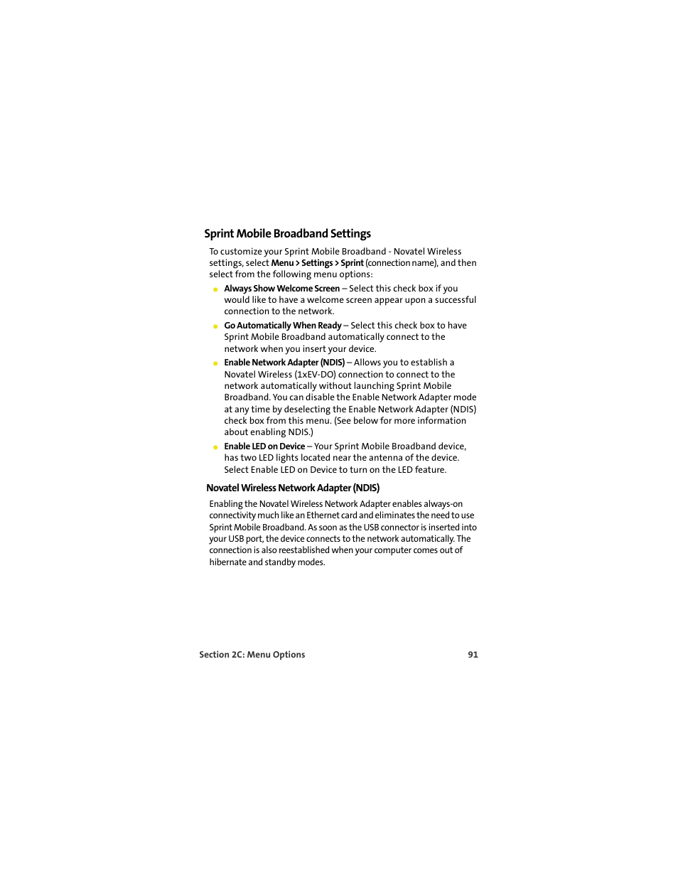 Sprint mobile broadband settings, Novatel wireless network adapter (ndis) | Sprint Nextel U727 User Manual | Page 99 / 183