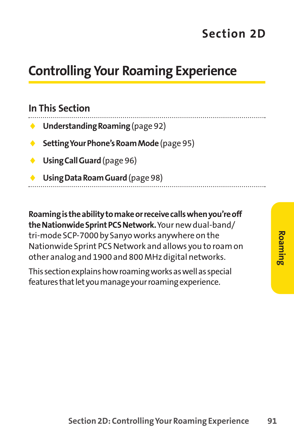 Section 2d. controlling your roaming experience, 2d. controlling your roaming experience, Controlling your roaming experience | Sprint Nextel SPRINT PCS VISIO SCP-7000 User Manual | Page 107 / 254