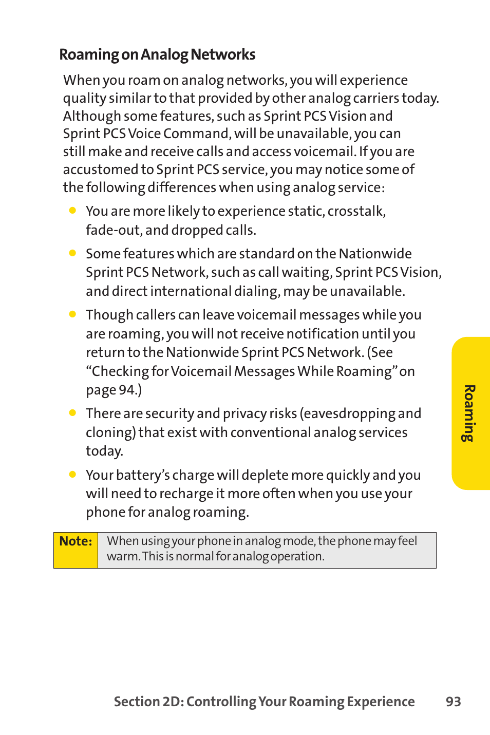 Roaming on analog networks, Ro am in g | Sprint Nextel SPRINT PCS VISIO SCP-7000 User Manual | Page 109 / 254