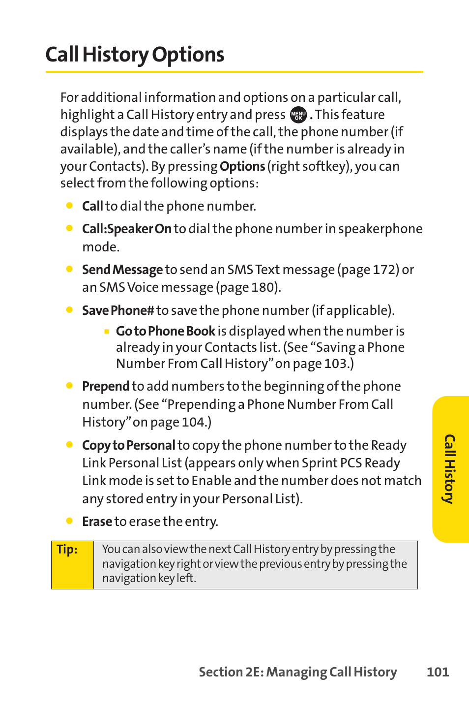 Call history options, Ca llh ist or y | Sprint Nextel SPRINT PCS VISIO SCP-7000 User Manual | Page 117 / 254