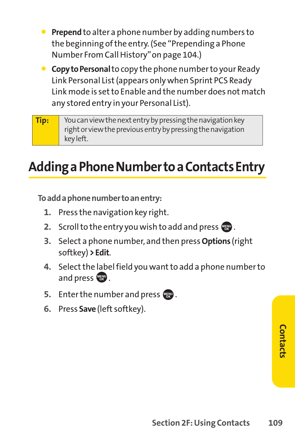 Adding a phone number to a contacts entry, Adding a phone numberto a contacts entry | Sprint Nextel SPRINT PCS VISIO SCP-7000 User Manual | Page 125 / 254