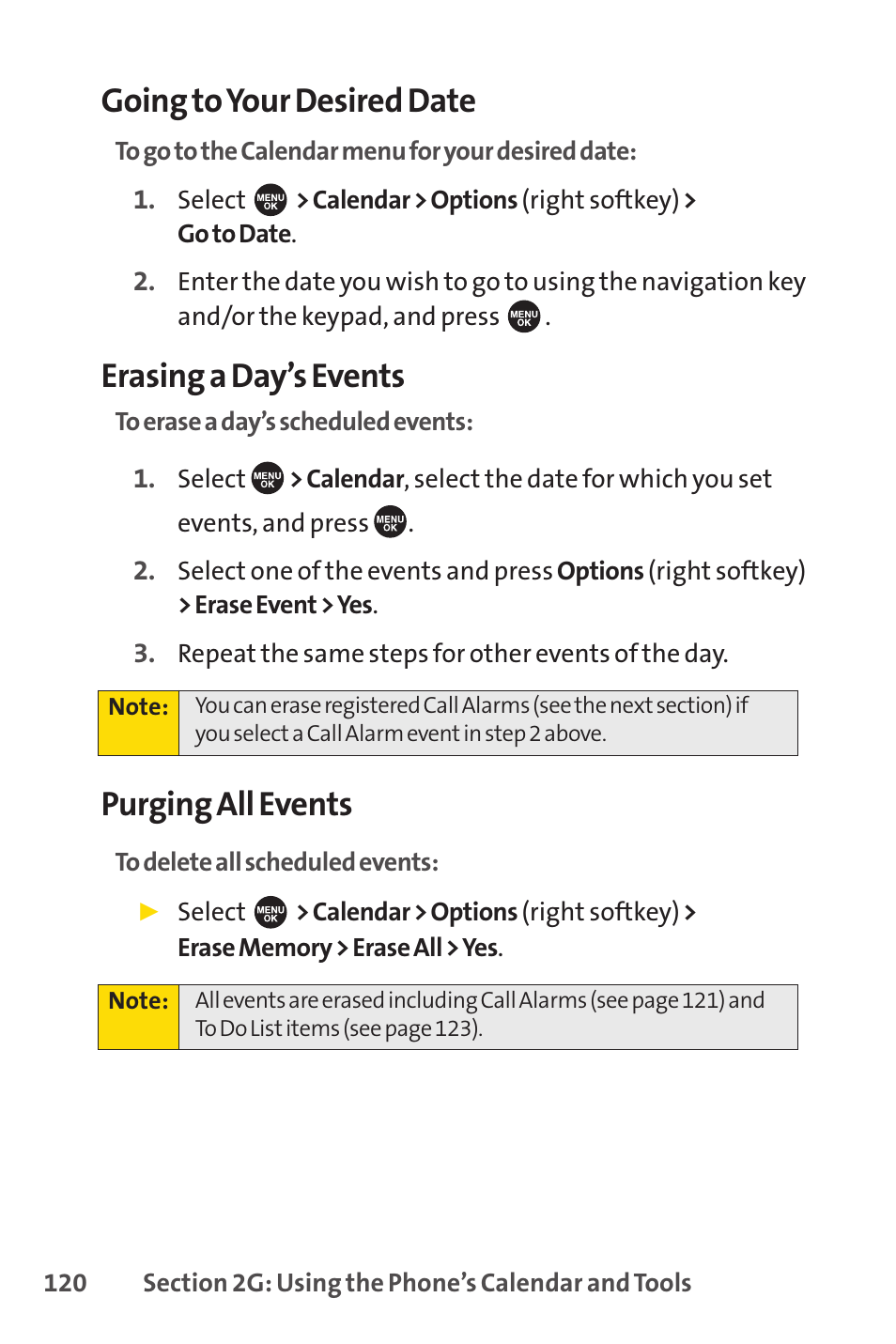 Going to your desired date, Erasing a day’s events, Purging all events | Sprint Nextel SPRINT PCS VISIO SCP-7000 User Manual | Page 136 / 254