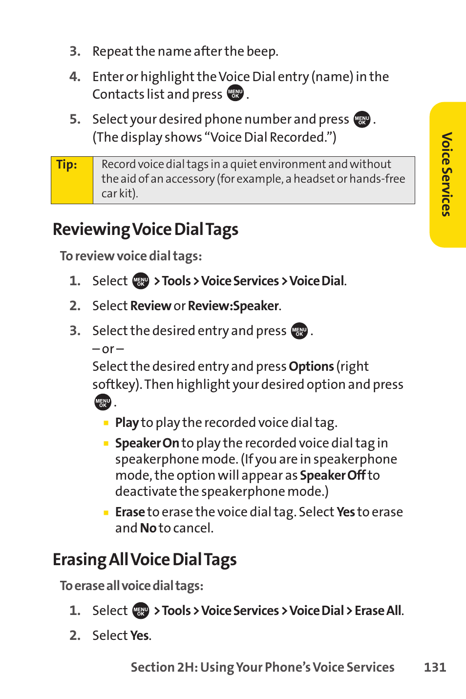 Reviewing voice dial tags, Erasing all voice dial tags | Sprint Nextel SPRINT PCS VISIO SCP-7000 User Manual | Page 147 / 254