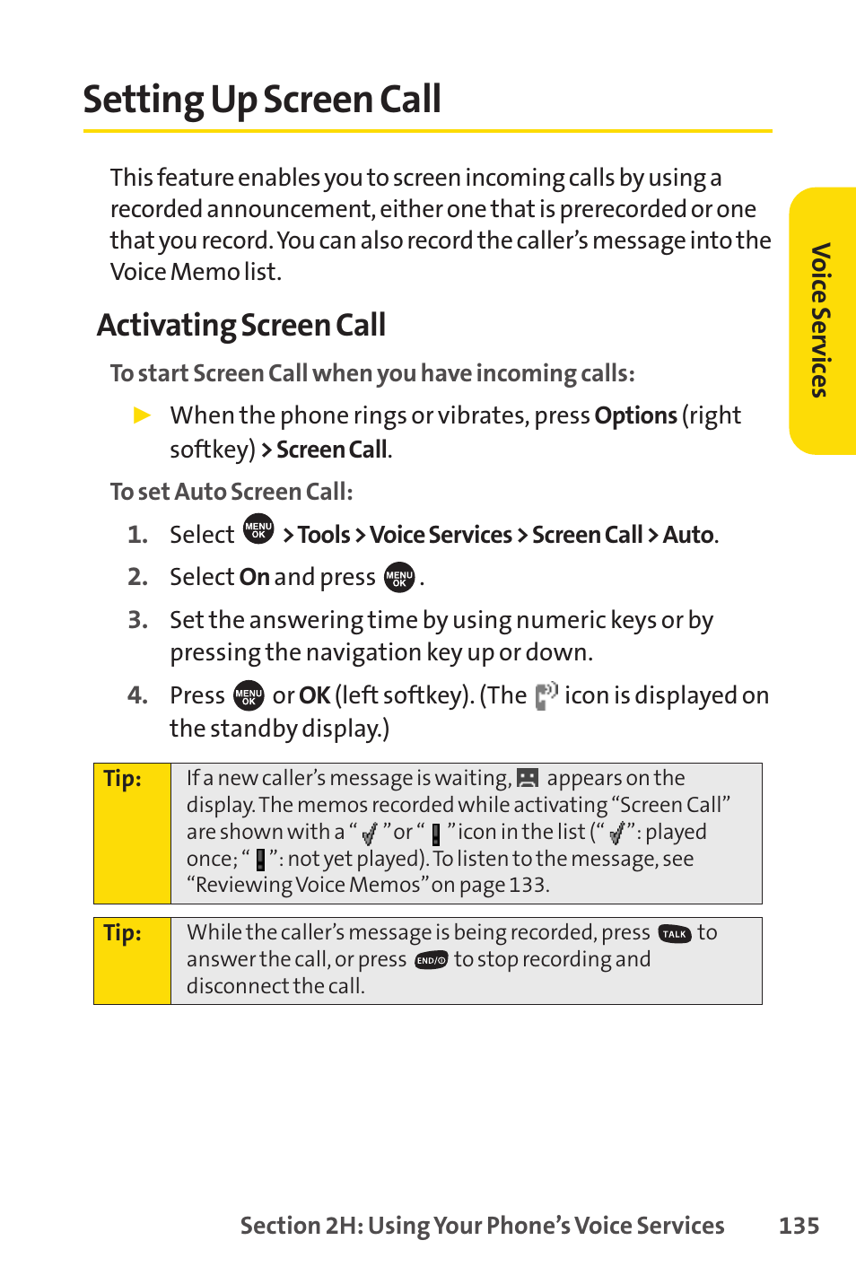 Setting up screen call, Activating screen call | Sprint Nextel SPRINT PCS VISIO SCP-7000 User Manual | Page 151 / 254