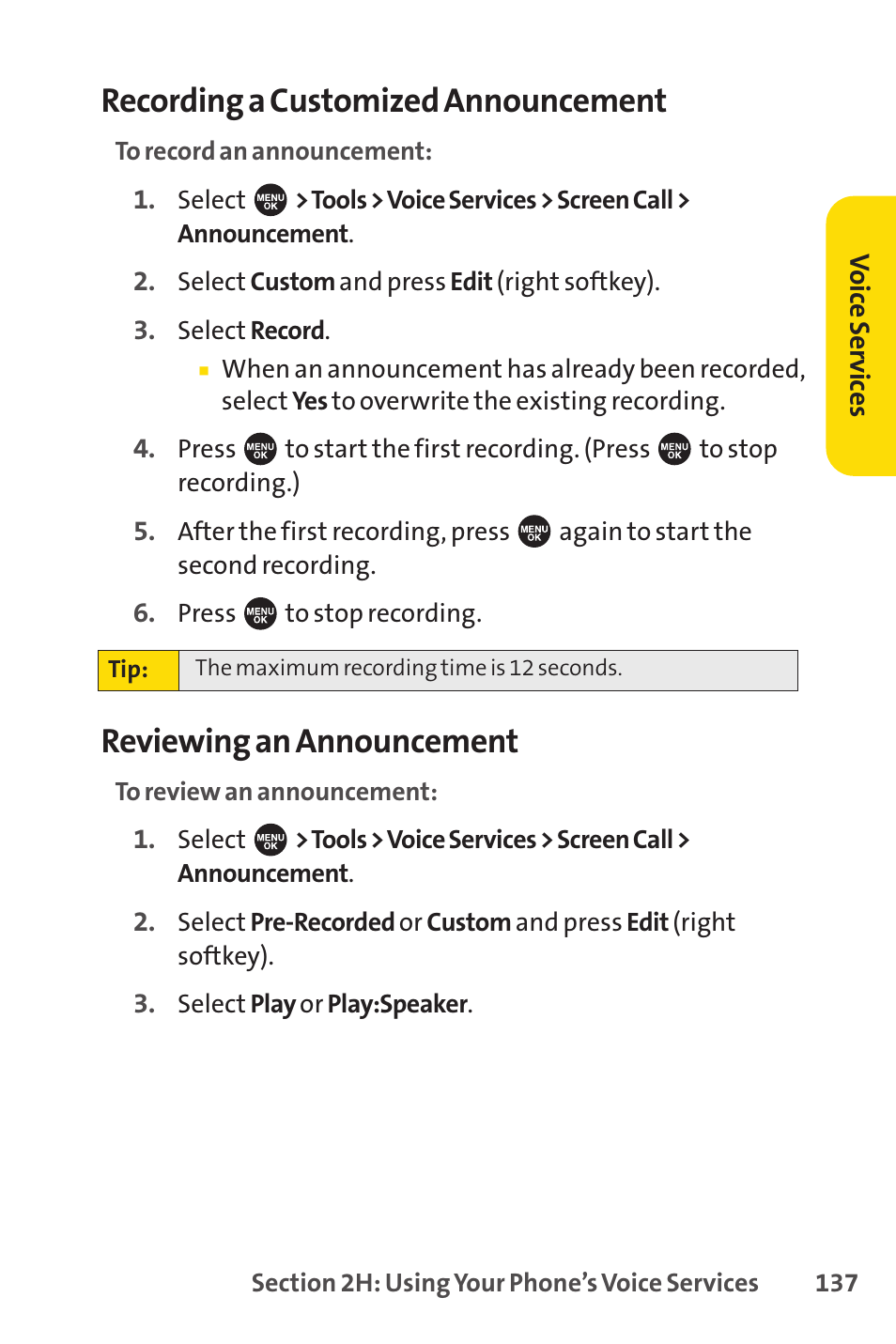 Recording a customized announcement, Reviewing an announcement | Sprint Nextel SPRINT PCS VISIO SCP-7000 User Manual | Page 153 / 254