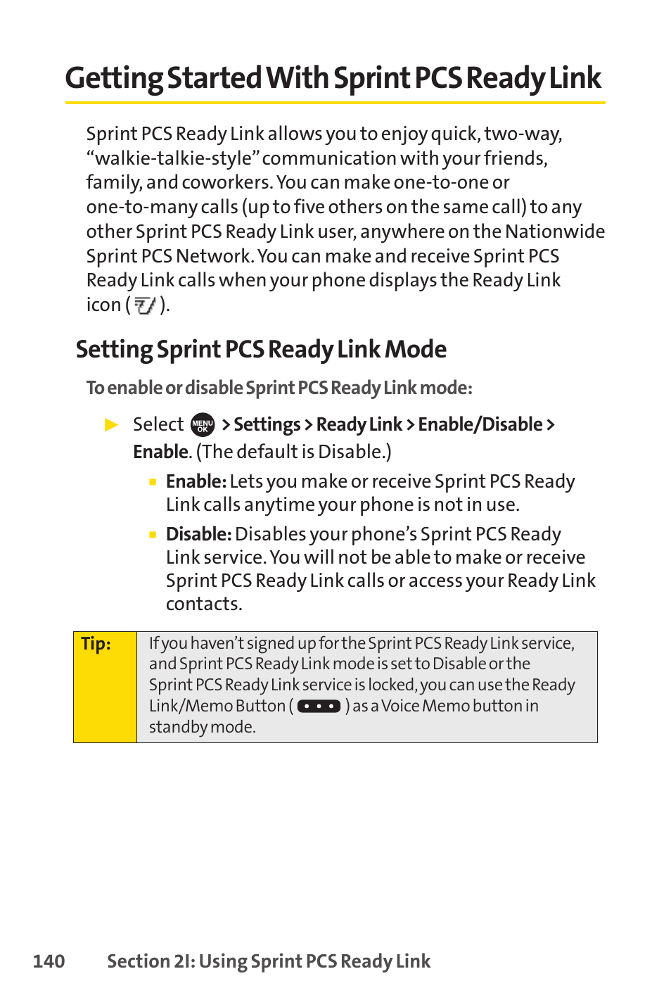 Getting started with sprint pcs ready link, Getting started with sprintpcs ready link, Setting sprint pcs ready link mode | Sprint Nextel SPRINT PCS VISIO SCP-7000 User Manual | Page 156 / 254