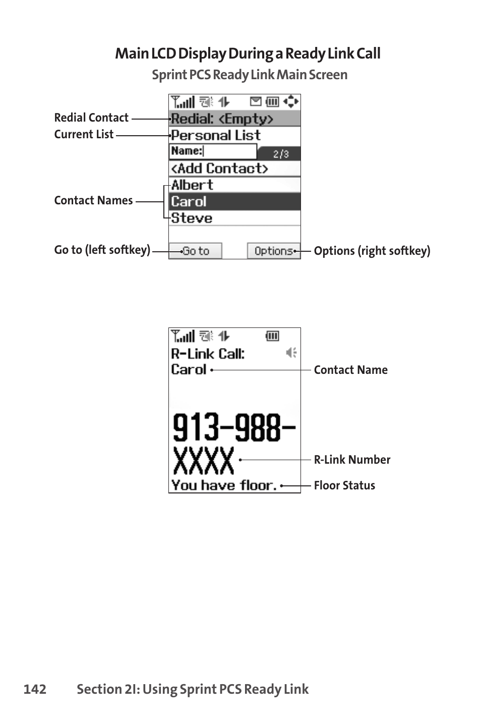 Main lcd display during a ready link call | Sprint Nextel SPRINT PCS VISIO SCP-7000 User Manual | Page 158 / 254