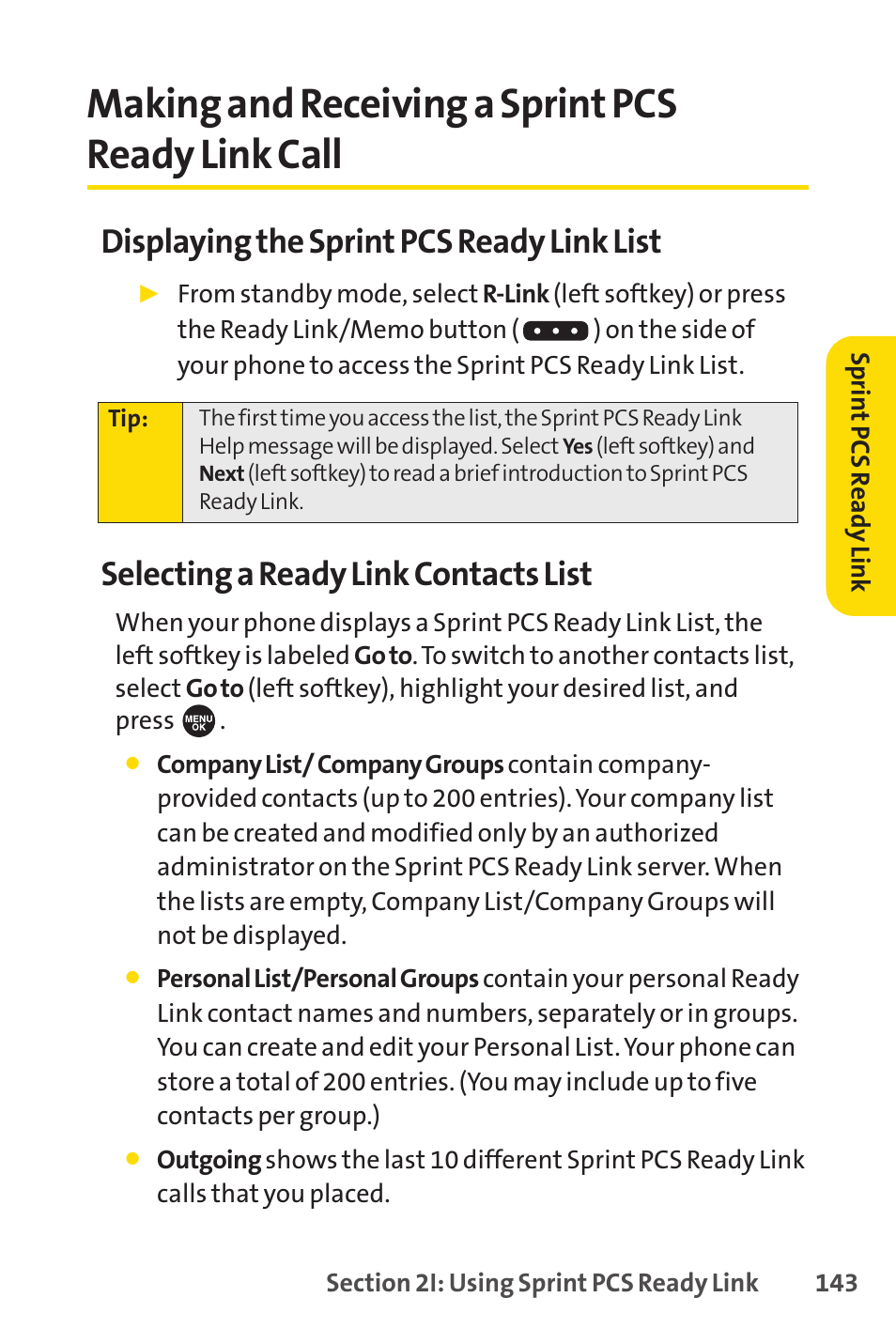 Making and receiving a sprint pcs ready link call, Displaying the sprint pcs ready link list, Selecting a ready link contacts list | Sprint Nextel SPRINT PCS VISIO SCP-7000 User Manual | Page 159 / 254