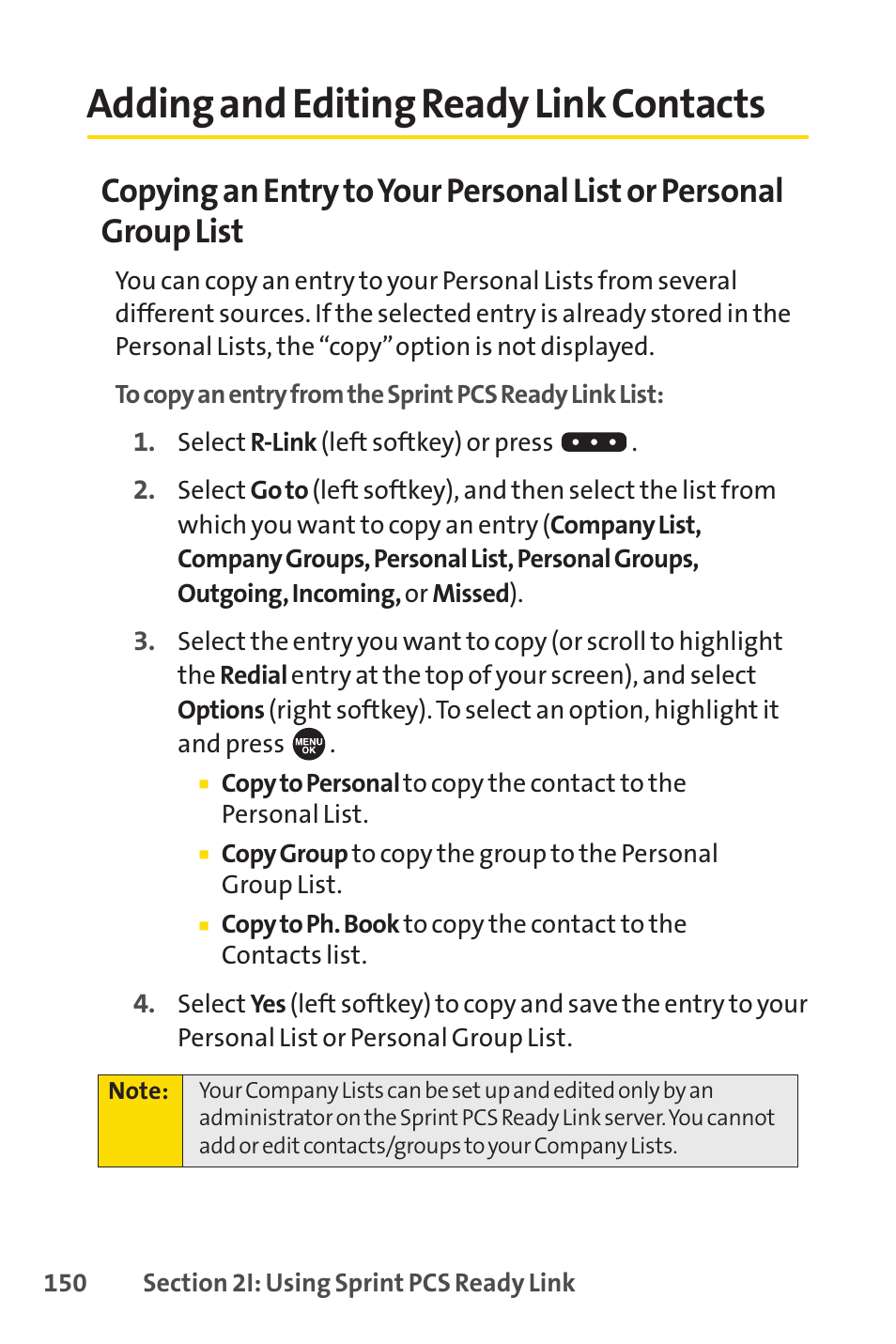 Adding and editing ready link contacts | Sprint Nextel SPRINT PCS VISIO SCP-7000 User Manual | Page 166 / 254