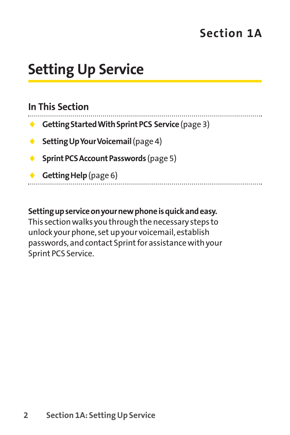 Section 1a. setting up service, 1a. setting up service, Setting up service | Sprint Nextel SPRINT PCS VISIO SCP-7000 User Manual | Page 18 / 254