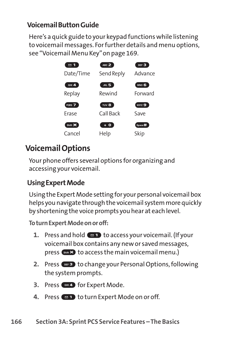 Voicemail options, Voicemail button guide, Using expert mode | Press for expert mode, Press to turn expert mode on or off | Sprint Nextel SPRINT PCS VISIO SCP-7000 User Manual | Page 182 / 254