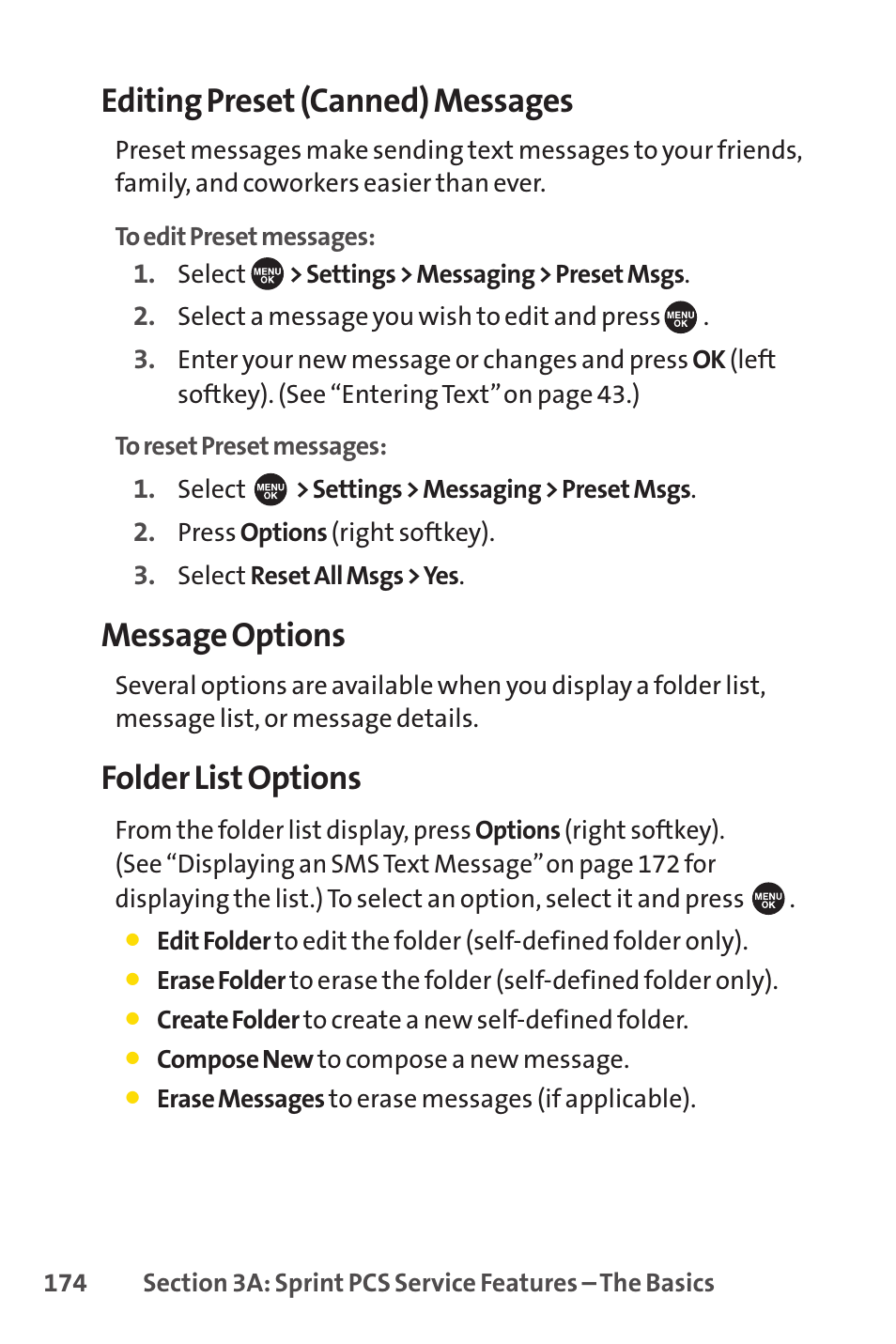 Editing preset (canned) messages, Message options, Folder list options | Sprint Nextel SPRINT PCS VISIO SCP-7000 User Manual | Page 190 / 254