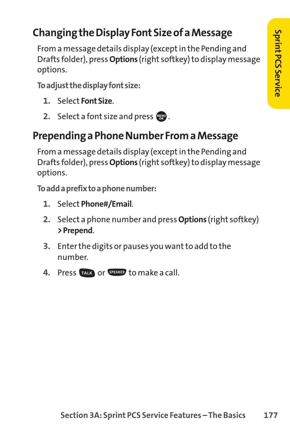 Changing the display font size of a message, Prepending a phone number from a message | Sprint Nextel SPRINT PCS VISIO SCP-7000 User Manual | Page 193 / 254