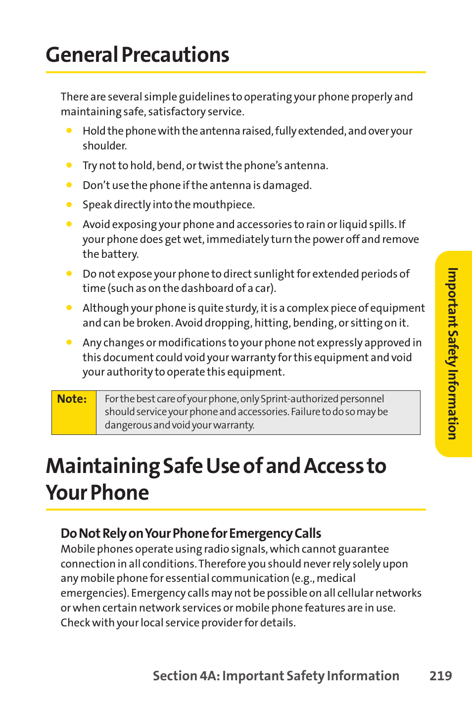 General precautions, Maintaining safe use of and access to your phone | Sprint Nextel SPRINT PCS VISIO SCP-7000 User Manual | Page 235 / 254