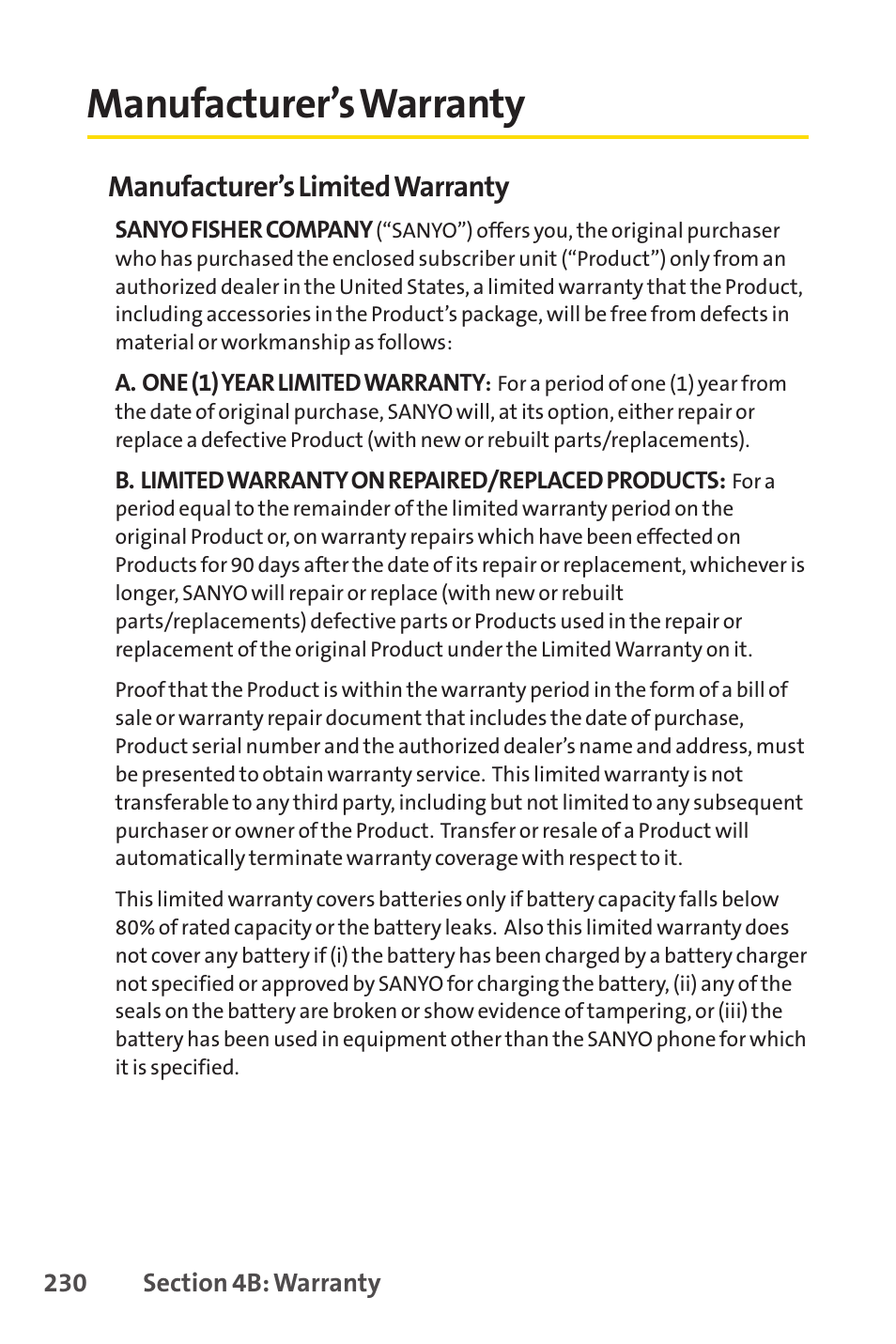 Manufacturer’s warranty, Manufacturer’s limited warranty | Sprint Nextel SPRINT PCS VISIO SCP-7000 User Manual | Page 246 / 254
