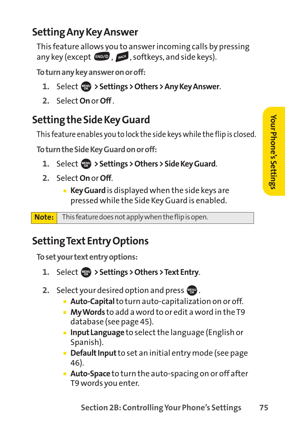 Setting any key answer, Setting the side key guard, Setting text entry options | Sprint Nextel SPRINT PCS VISIO SCP-7000 User Manual | Page 91 / 254