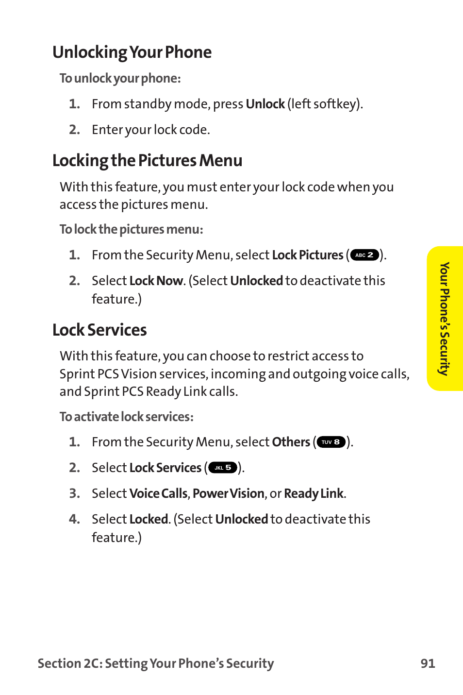 Unlocking your phone, Locking the pictures menu, Lock services | Sprint Nextel MM-7500 User Manual | Page 101 / 345