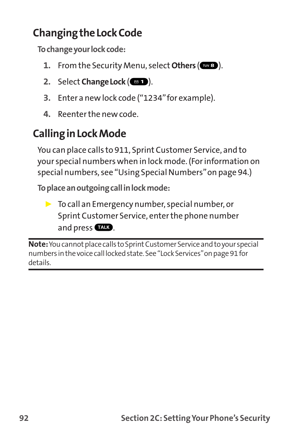 Changing the lock code, Calling in lock mode | Sprint Nextel MM-7500 User Manual | Page 102 / 345