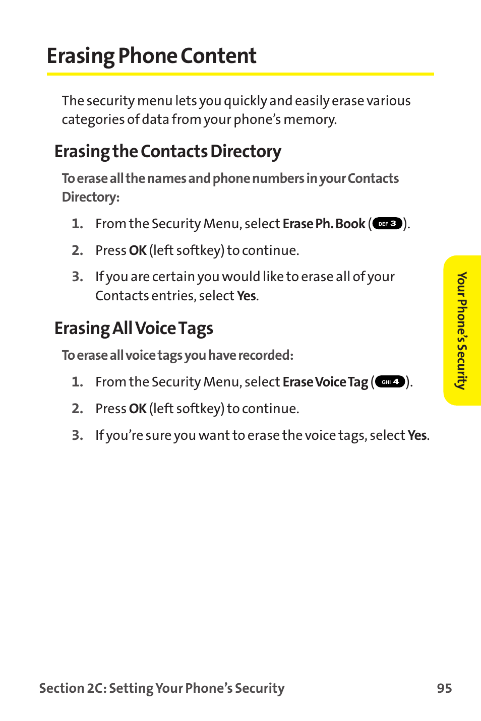 Erasing phone content, Erasing the contacts directory, Erasing all voice tags | Sprint Nextel MM-7500 User Manual | Page 105 / 345