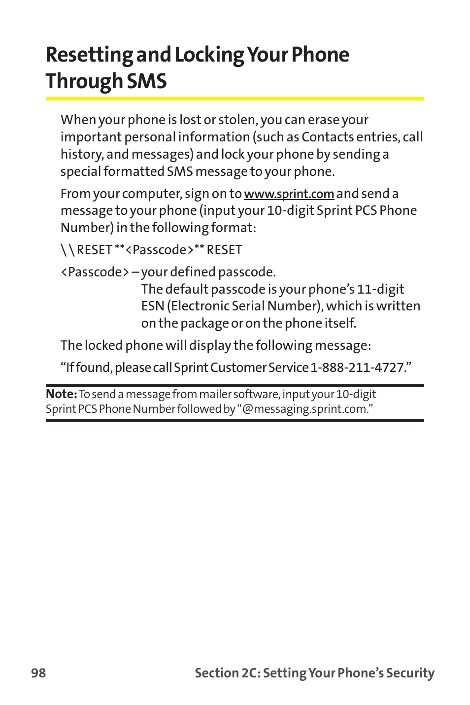 Resetting and locking your phone through sms | Sprint Nextel MM-7500 User Manual | Page 108 / 345