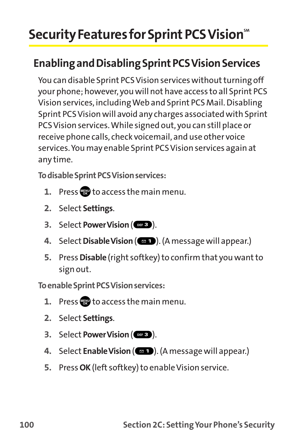Security features for sprint pcs vision, Enabling and disabling sprint pcs vision services | Sprint Nextel MM-7500 User Manual | Page 110 / 345