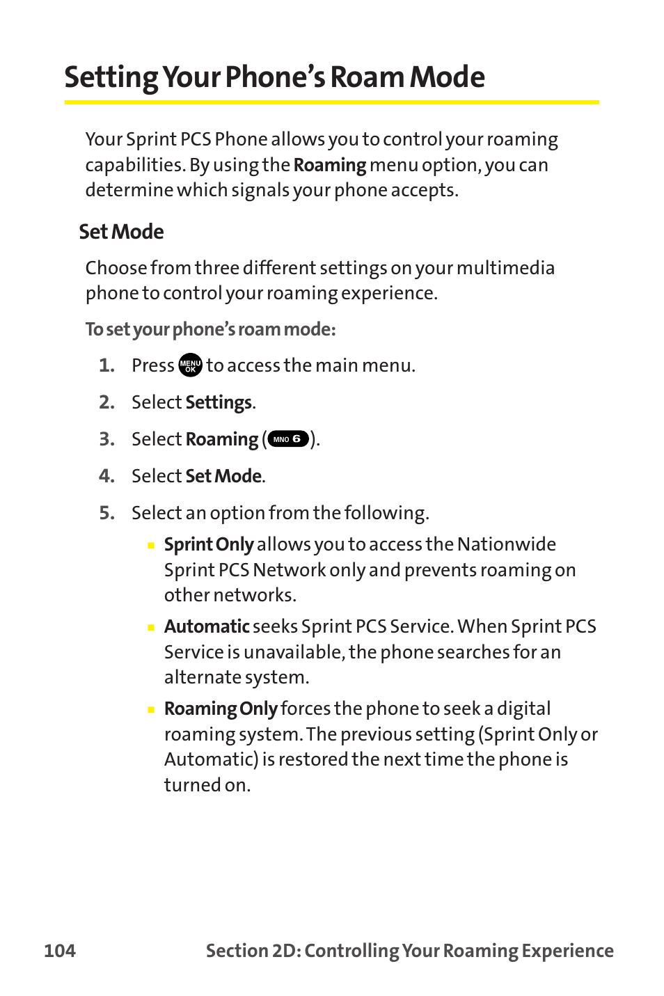 Setting your phone’s roam mode, Set mode | Sprint Nextel MM-7500 User Manual | Page 114 / 345