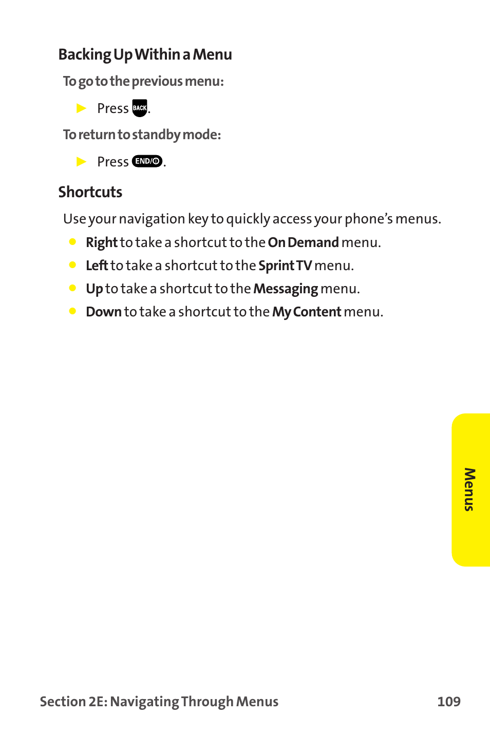 Backing up within a menu, Shortcuts, Menus | Sprint Nextel MM-7500 User Manual | Page 119 / 345