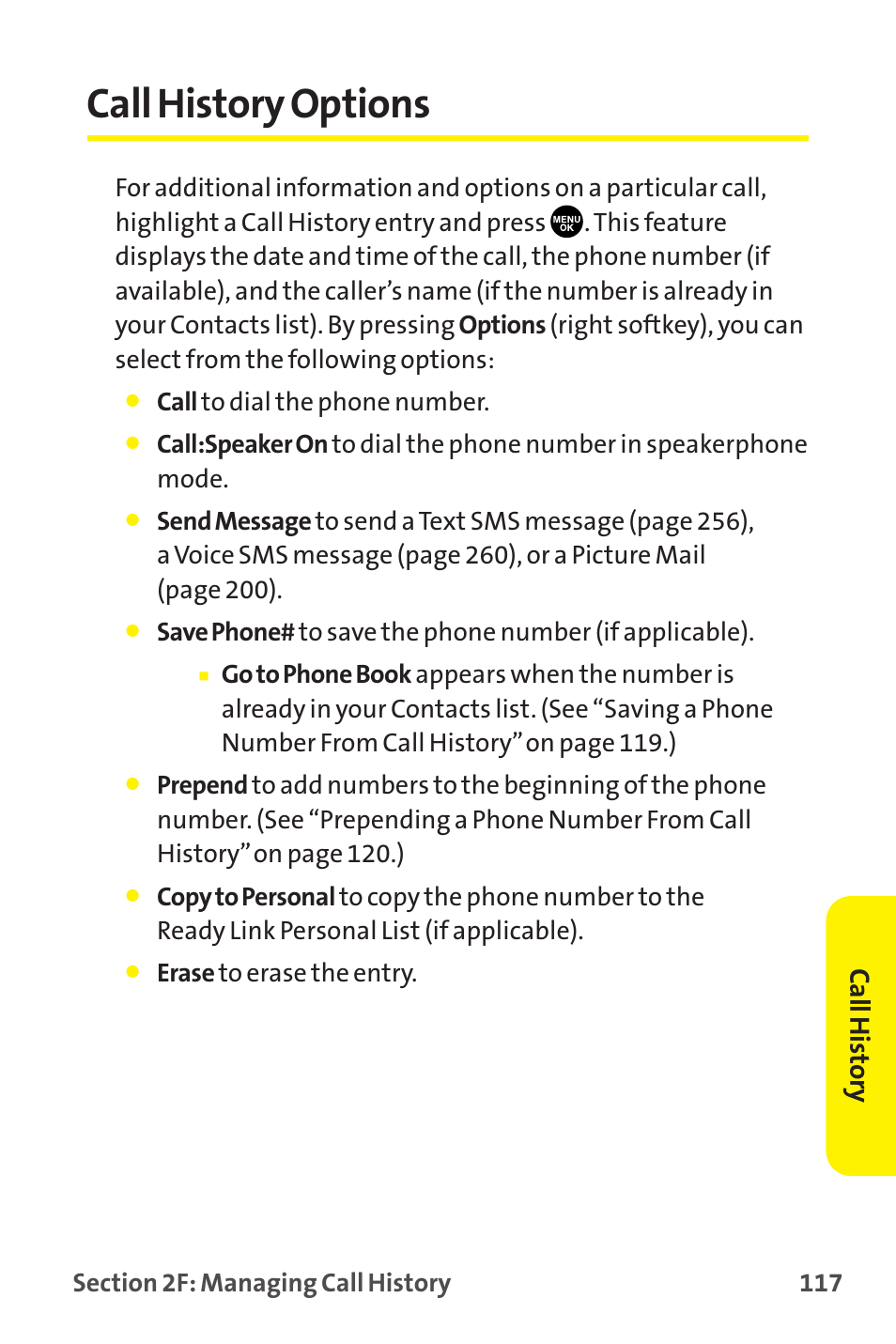 Call history options, Call history | Sprint Nextel MM-7500 User Manual | Page 127 / 345