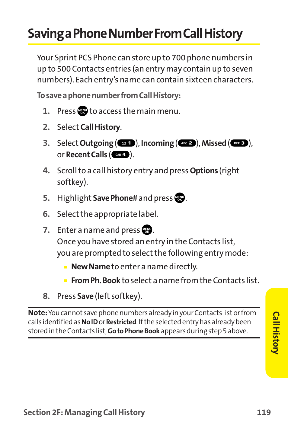 Saving a phone number from call history, Saving a phone number fromcall history | Sprint Nextel MM-7500 User Manual | Page 129 / 345