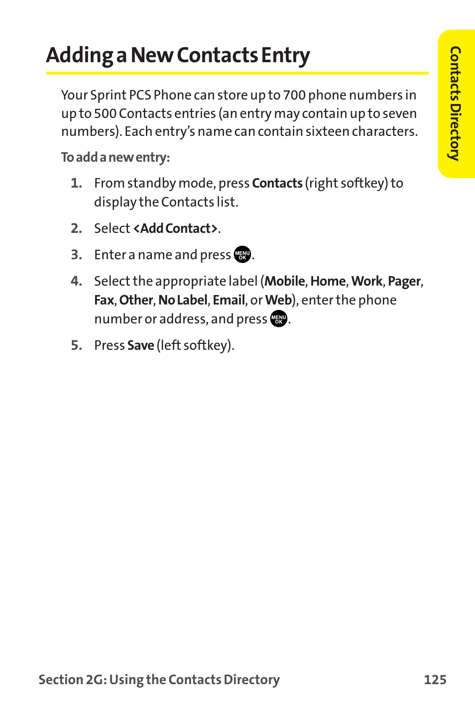 Adding a new contacts entry | Sprint Nextel MM-7500 User Manual | Page 135 / 345