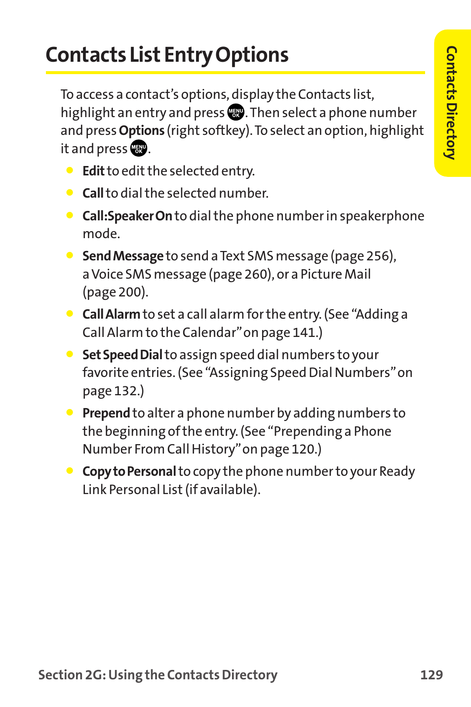 Contacts list entry options, Co n tac ts dir ec tory | Sprint Nextel MM-7500 User Manual | Page 139 / 345