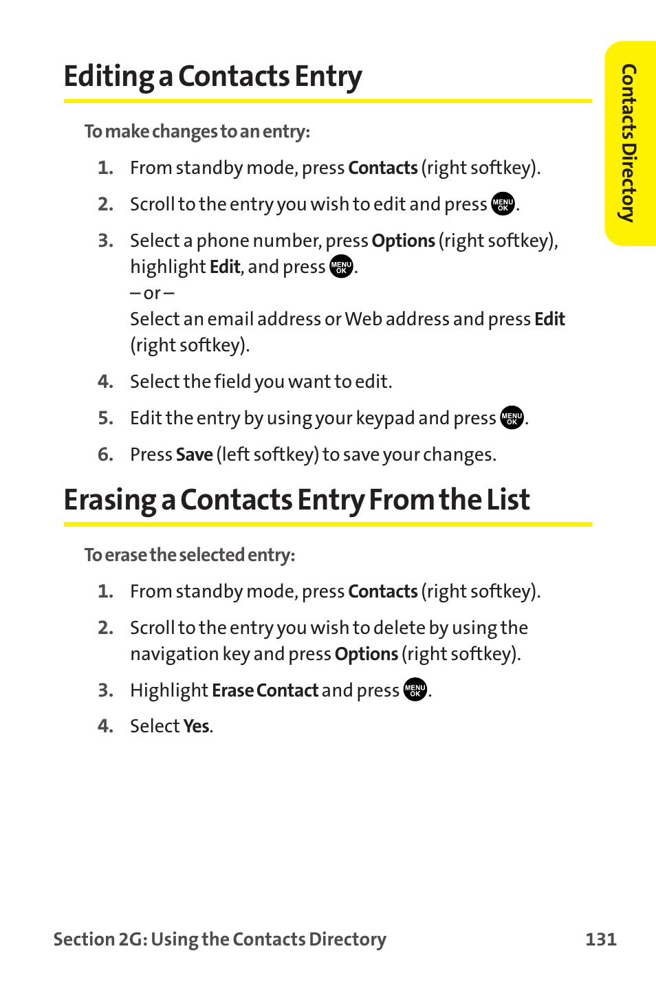 Editing a contacts entry, Erasing a contacts entry from the list | Sprint Nextel MM-7500 User Manual | Page 141 / 345